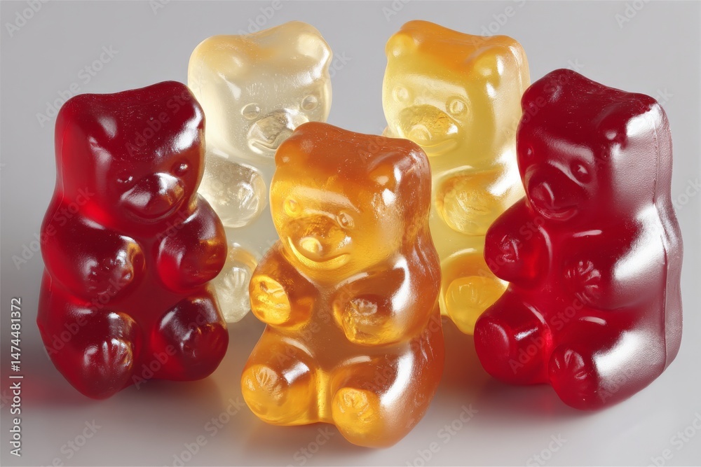Poster colorful gummy bears arranged in a playful display, showcasing various flavors and shapes on a neutr