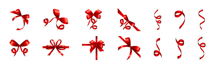 Red ribbon bow vector collection. Decorative gift wrap set.