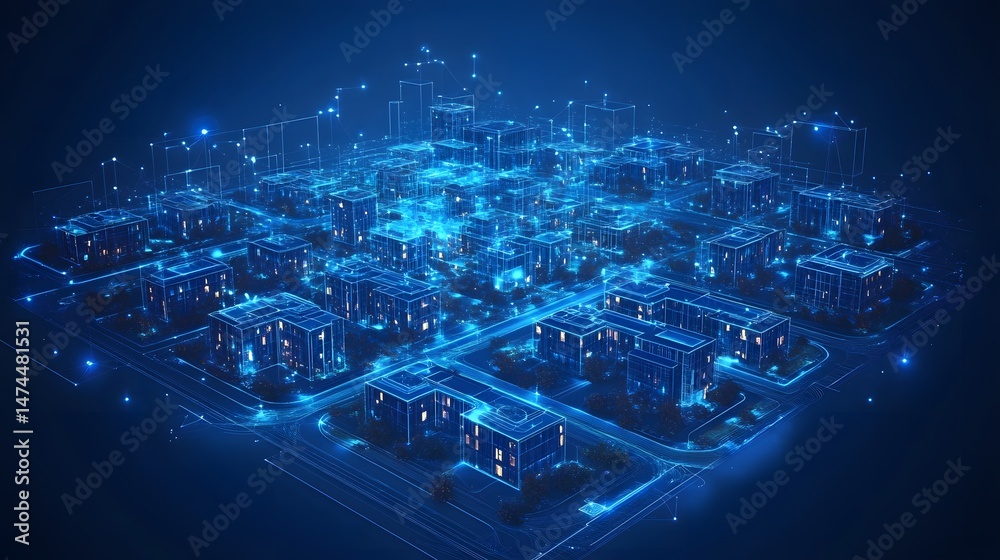 Poster Futuristic city with illuminated wireframe buildings and glowing networks signifies digital intelligence. Warm lights hint at urban activity in this abstract cityscape. Abstract wireframe in dark blue