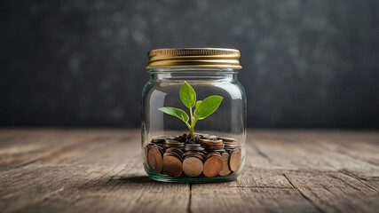 A small plant growing from a jar filled with coins symbolizes long-term investment and financial prosperity