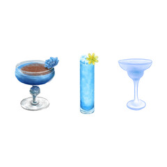 Summer cocktails are blue in color with yellow tropical flowers