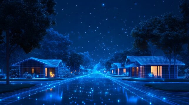 Futuristic suburban night scene with luminous blue grid houses and warm, orange windows under a starry sky. Trees add contrast to the ethereal glow. Abstract wireframe in dark blue