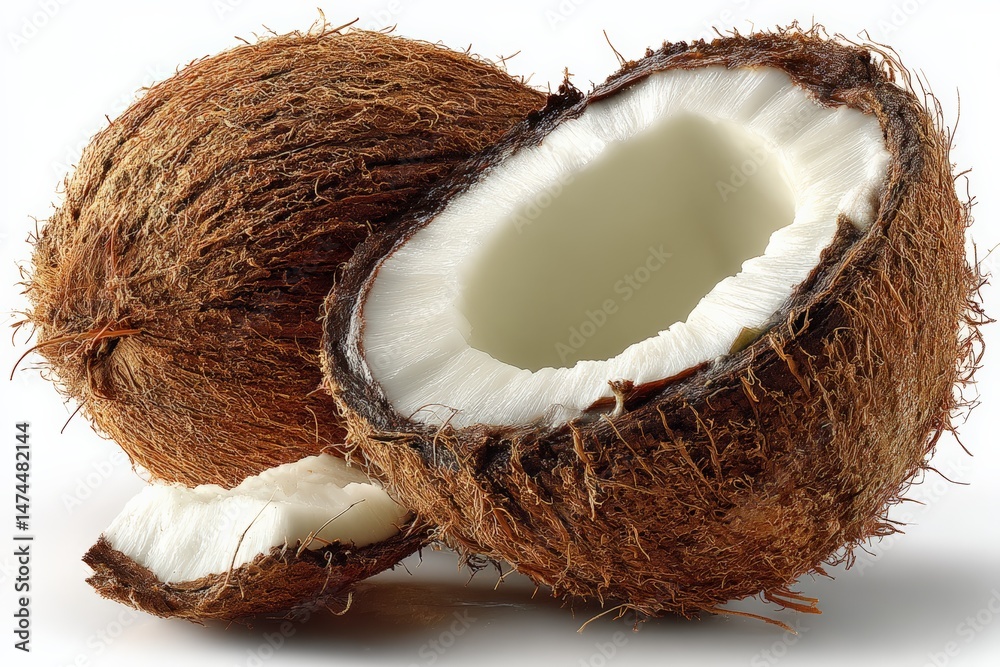 Aufkleber fresh coconuts split open revealing white flesh and water on a plain background in natural light