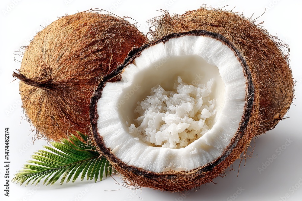 Poster fresh coconuts with one opened to reveal white flesh on a clean surface