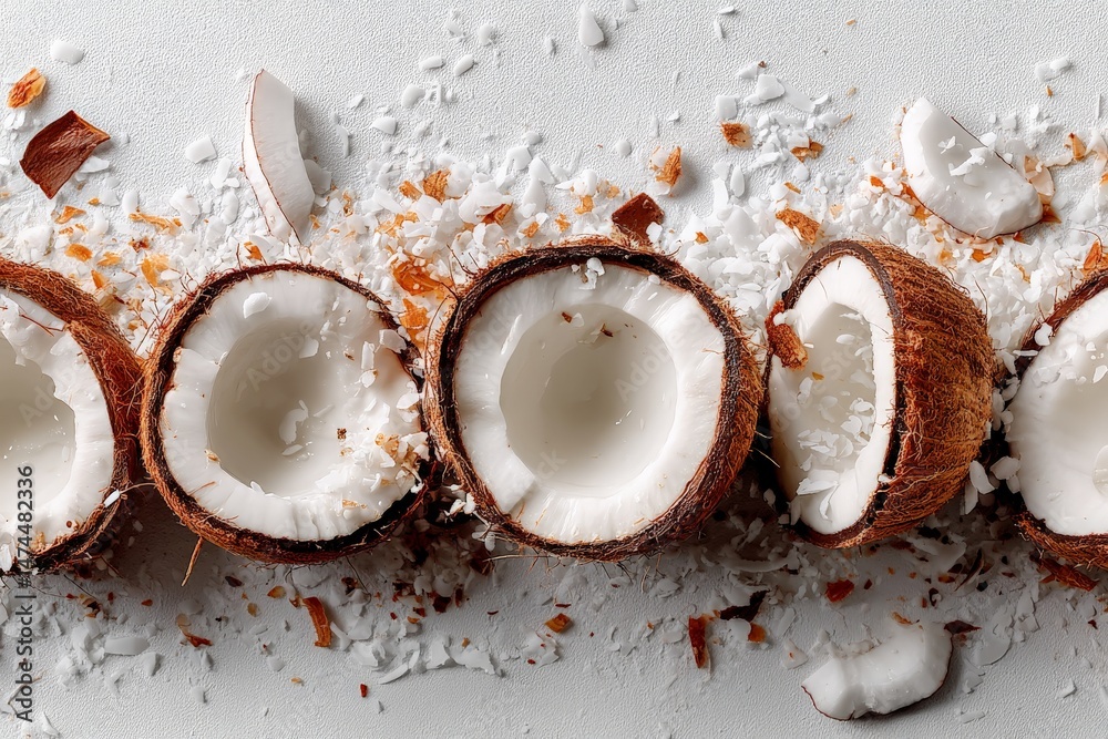 Poster freshly cracked coconuts spread out on a white surface with coconut flakes scattered around
