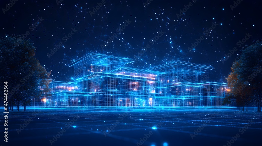 Aufkleber futuristic cityscape with a wireframe building and glowing network. nature meets technology in this 