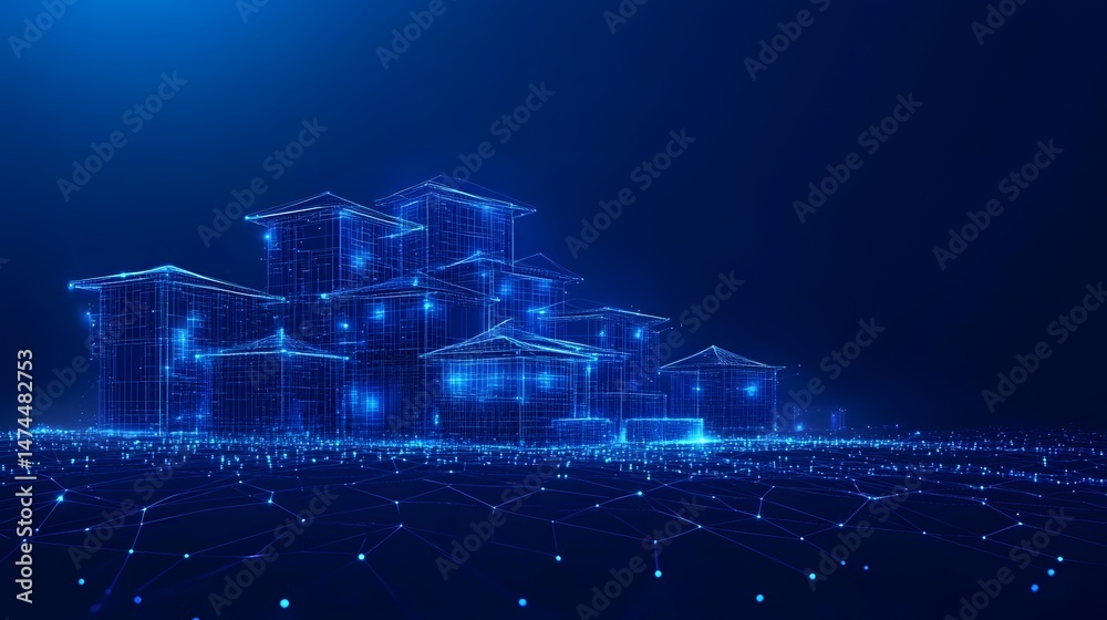 Poster futuristic cityscape rendered in wireframe against a dark blue backdrop. a digital metropolis of int