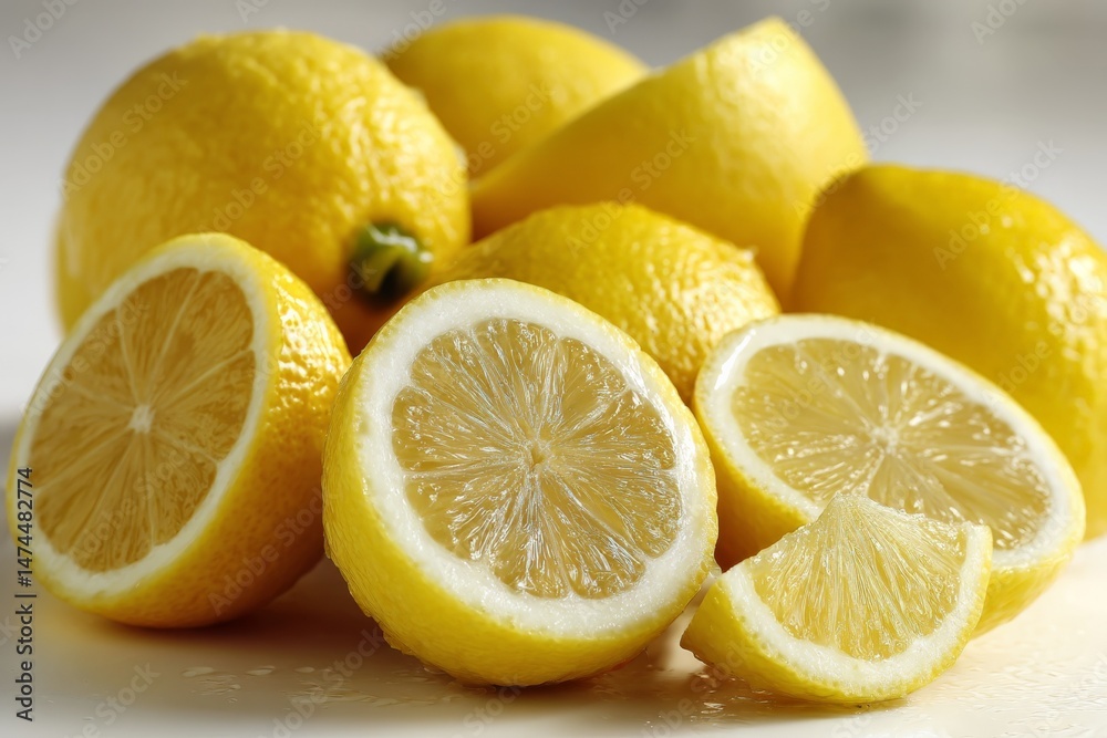 Aufkleber freshly sliced lemons on a countertop showcasing vibrant yellow color and juicy texture ready for cu