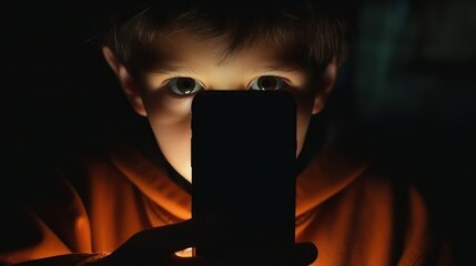 A young boy wearing an orange hoodie, holding a smartphone in front of his face, with a dark background.