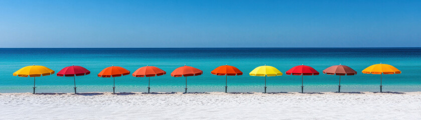 Vibrant beach scene with colorful umbrellas and clear water