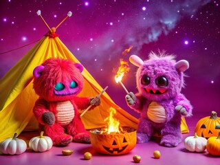 Cute Monsters Campfire Halloween Night Starry Sky Vintage Photo