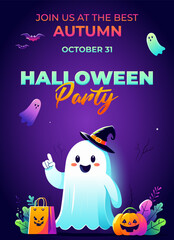 Halloween party invitations, greeting cards, or posters with cutest ghost, pumpkin, bats. Happy Halloween background design template for advertising. Website spooky vector illustration horror backdrop
