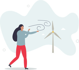 Sustainable development concept. character showing benefits of green industry,windmill and electricity production. character life .