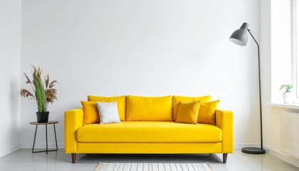 Bright Yellow Couch with Pillows in Modern Living Room Interior