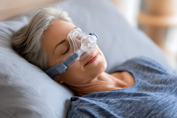Woman wearing CPAP mask for obstructive sleep apnea therapy on white background