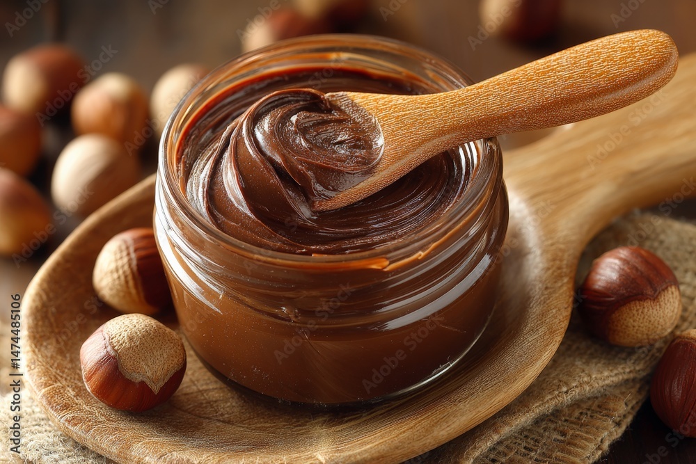 Poster delicious hazelnut spread in a jar with a wooden spoon and whole hazelnuts on a rustic surface