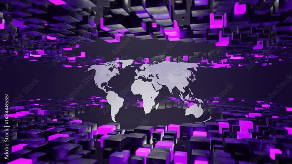 Wall mural digital world map surrounded by floating purple 3d cubes in virtual space. futuristic abstract illus