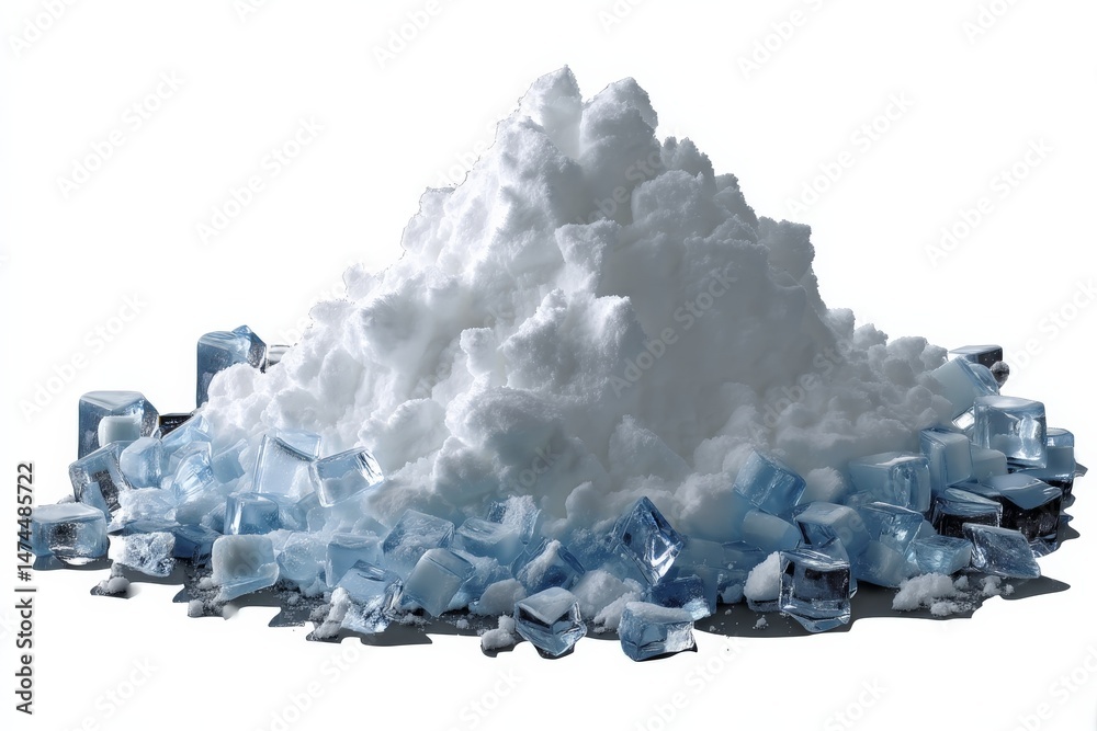 Poster piled snow and ice cubes create a winter scene on a simple dark background for a unique decorative c