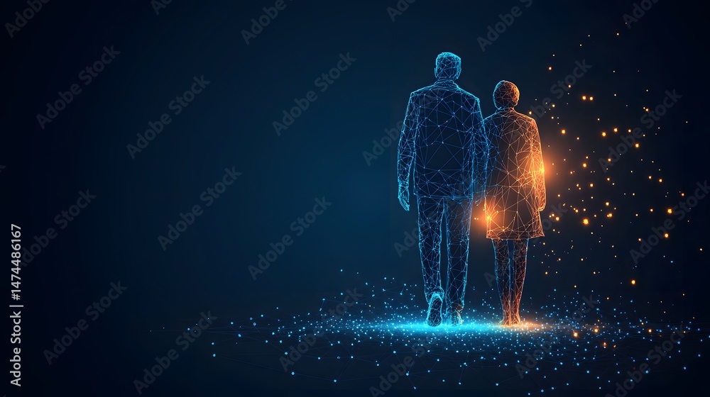 Poster Digital rendering of a man and woman walking away, constructed from interconnected lines and points. Cool blue man in suit, warm orange woman. Abstract wireframe in dark blue.