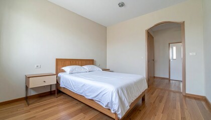 Minimalist Bedroom with Wooden Bed and Light Wall Colors