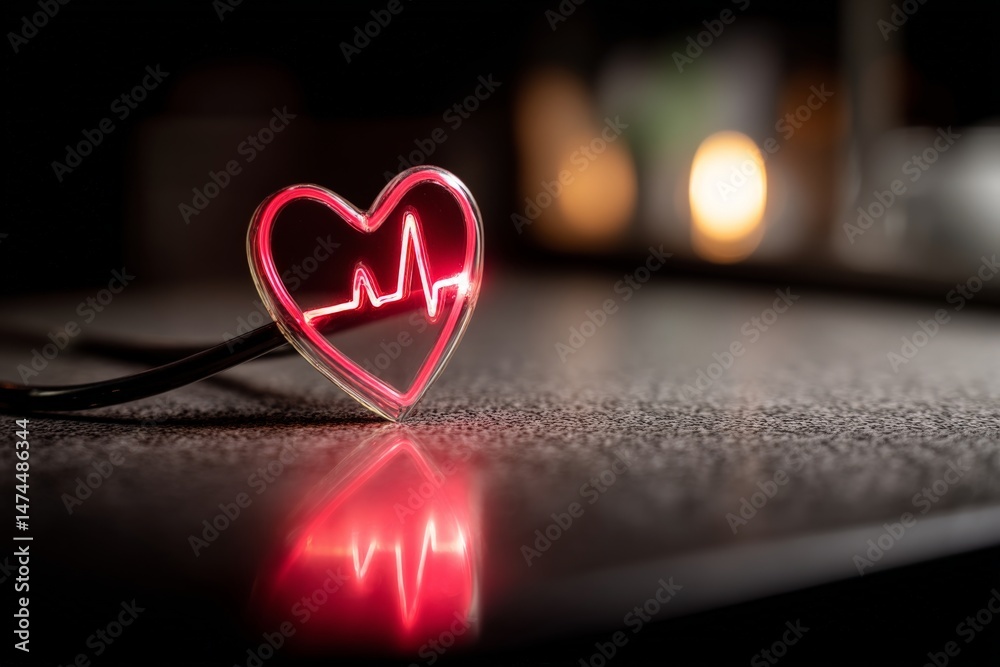 Aufkleber Heart-shaped light with an electrocardiogram design illuminating a table at a cozy evening setting