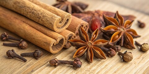 Close-up macro photography of aromatic sweet spices - cinnamon, star anise and cloves, wooden surface