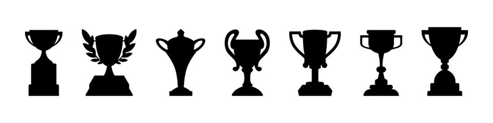 Winner victory cup vector silhouette collection. Trophy award cup in simple silhouette style