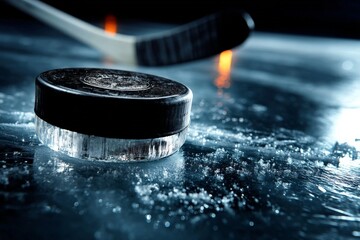Hockey puck resting on ice with hockey stick in background during evening game