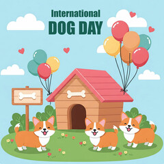 Naklejka premium International Dog Day Celebration: Delightful illustration captures the spirit of International Dog Day, showcasing a playful scene featuring adorable corgis, balloons, a doghouse.