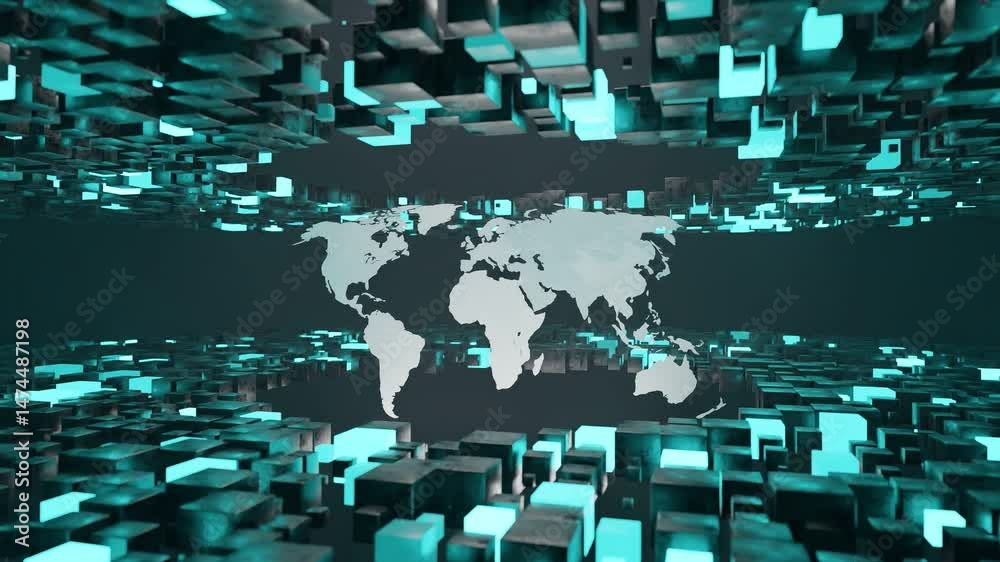 Wall mural digital world map surrounded by floating blue 3d cubes in virtual space. futuristic abstract illustr