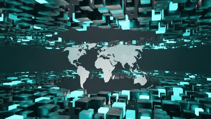Digital world map surrounded by floating blue 3D cubes in virtual space. Futuristic abstract illustration. Global data network and technology concept, poster, header. - Powered by Adobe
