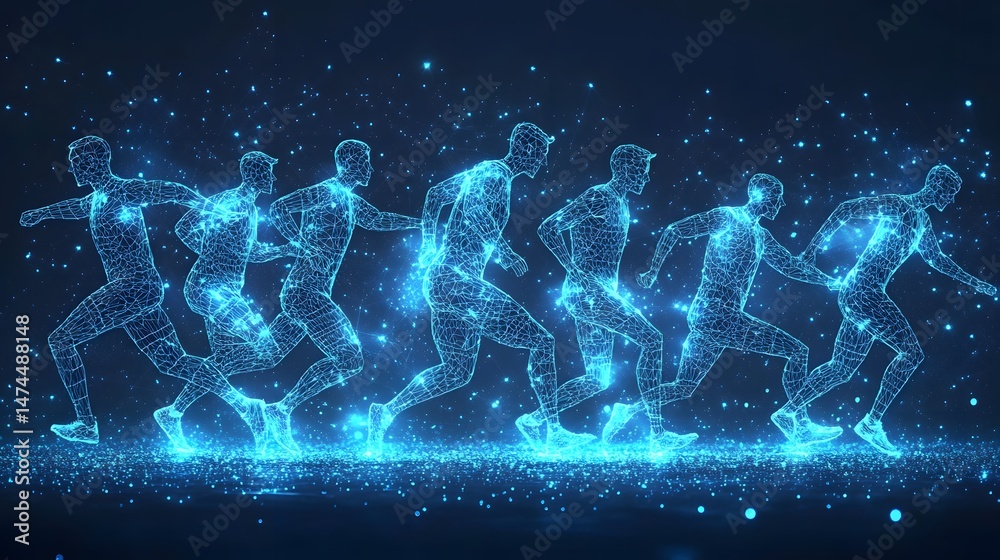 Aufkleber Dynamic abstract of wireframe figures in motion against a dark backdrop. Glowing blue lights accentuate their technological design, perfect for modern concepts. Abstract wireframe in dark blue