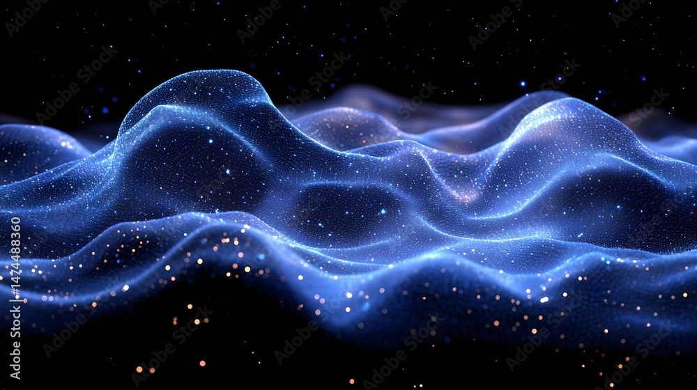 Aufkleber Dynamic digital landscape featuring an undulating blue network against a dark backdrop. Glowing points and warm circles enhance depth. Abstract wireframe in dark blue.