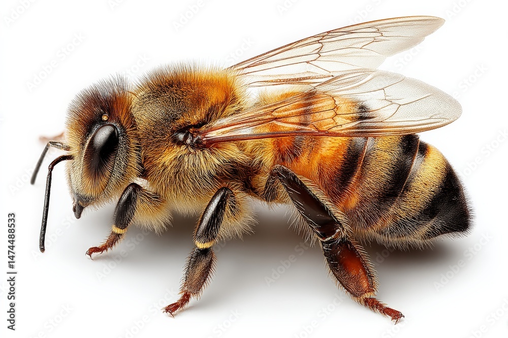 Poster detailed close-up of a honey bee revealing intricate features and vibrant colors in a natural settin