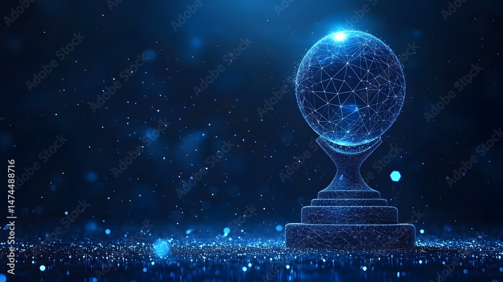 Poster futuristic trophy with glowing sphere and interconnected lines, set against a dark blue, reflective 