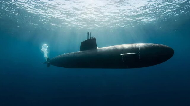 Dark submarine moving through underwater ocean
