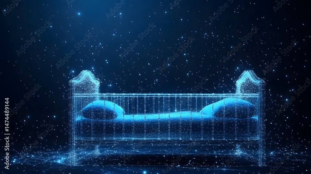 Fototapete Digital crib design crafted from glowing blue lines, evoking a futuristic and dreamy atmosphere. A wireframe model floating in a star-filled dark space. Abstract wireframe in dark blue.