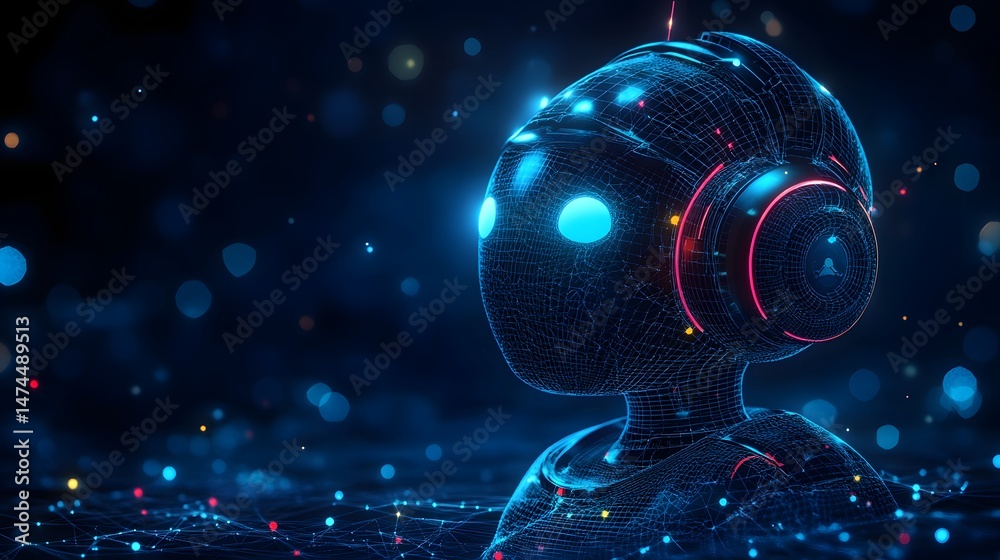 Fototapete Futuristic robot bust rendered in wireframe style against a dark blue background. Glowing eyes and bokeh effects enhance this abstract wireframe in dark blue.