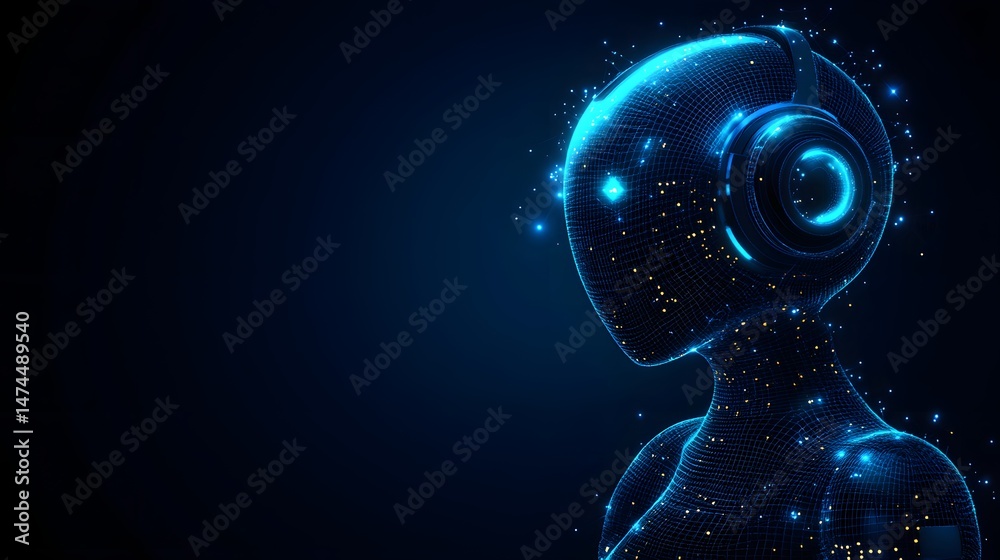 Poster Futuristic AI persona with blue wireframe design and headphones. Glowing particles enhance the technological abstract feel. Captivating digital artwork. Abstract wireframe in dark blue.