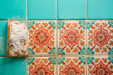 Dirty & Clean Azulejo Tiles: Blue & White Floral Motif - Before & After Cleaning Stock Photo