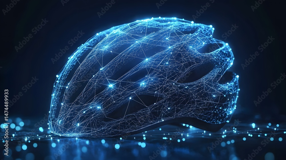 Poster futuristic bicycle helmet concept with glowing blue wireframe detailing, creating an abstract and mo