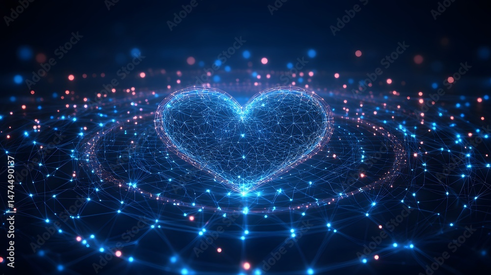 Fototapete Abstract wireframe heart pulses with digital life. Interconnected nodes and lines radiate outwards, creating a mesmerizing display of connectivity and emotion in dark blue. Data streams like love.