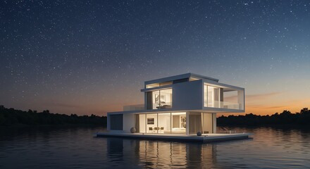 A sleek, modern house floats on calm water at night, with lights illuminating its contemporary design under a starry sky.