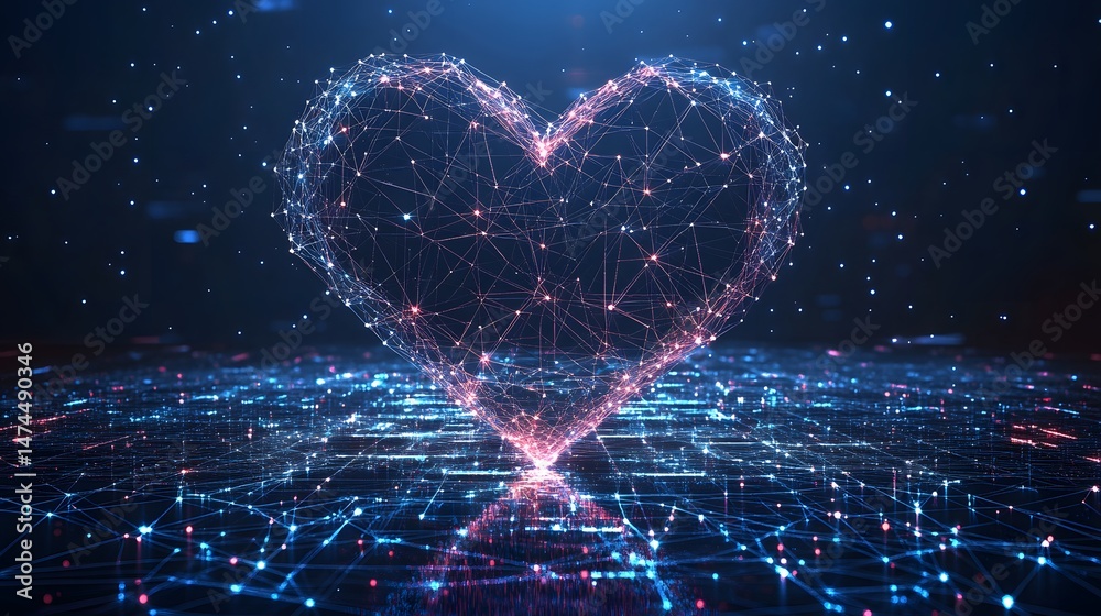 Poster Glowing wireframe heart design radiating red and blue light above a reflective grid. Stars twinkle in the dark background. Perfect for tech or love concepts. Abstract wireframe in dark blue.