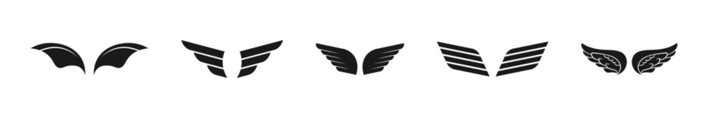 Wings symbolic vector flat black icon set. Stylized black wing symbols collection