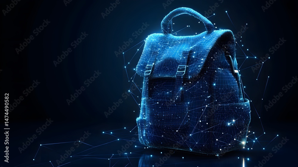 Aufkleber Futuristic satchel bag illustration featuring a blue wireframe design with glowing nodes against a dark backdrop. Abstract wireframe in dark blue, creating a modern tech accessory concept.