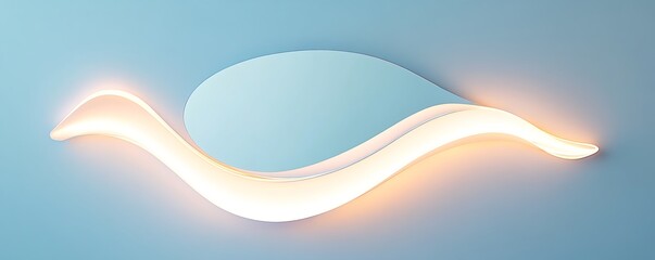 A frameless mirror in an abstract wave shape glowing softly on a pale blue background