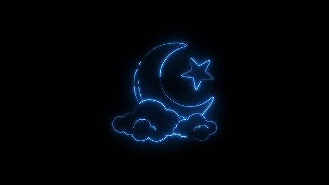 Neon glowing moon with cloud and star icon animation on black background, motion video black icon.