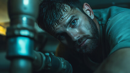 A man with a beard and wet hair working on machinery in a dimly lit environment