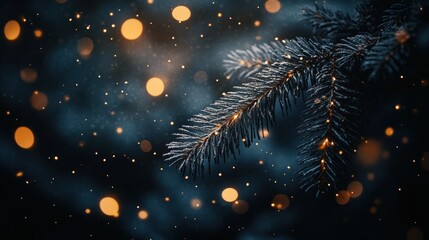 Frosted pine branch in winter night. Sparkling lights